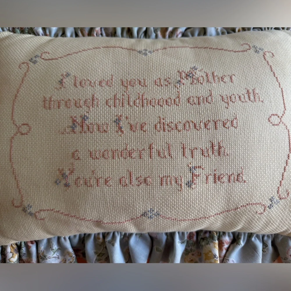 Vintage Cross Stitch Mother Sentiment Ruffle Pillow Grandmacore Cottagecore